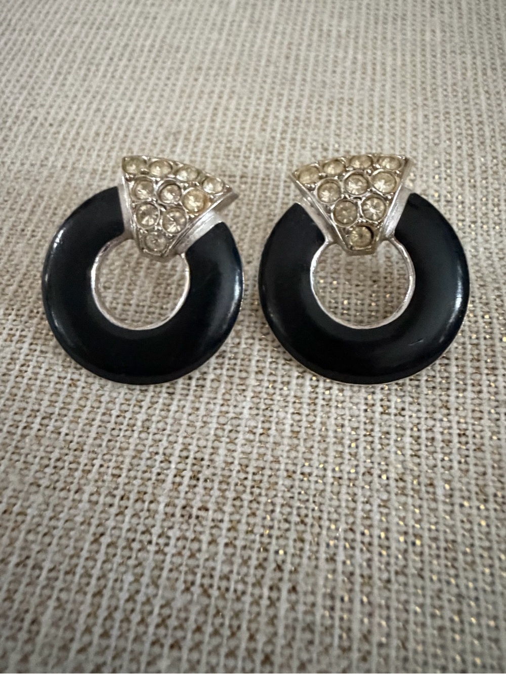 Art Deco Black Hoop Drop Earrings with Crystal Accent